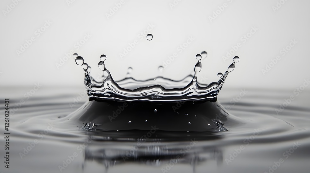 Poster Mesmerizing image showcasing a single water drop creating a crown shaped splash surrounded by captivating ripples and reflections in a serene minimalist setting  The dynamic