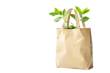A kraft paper bag with green leaves emerging from it, symbolizing eco-friendliness and sustainable shopping practices against a white background.