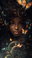 Fototapeta premium An African American woman with an elaborate, flowing hairstyle adorned by butterflies and swirls of colors 