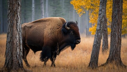 A bison peeking out from behind a tree in the wilderness