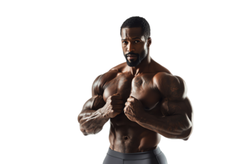 A muscular man striking a powerful pose, showcasing his physique and strength against a white isolate background.