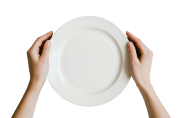 A pair of hands holding a plain white plate against a white background, ideal for showcasing culinary delights or for food presentation.