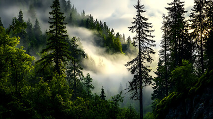 A misty forest with trees and a foggy sky. generated using AI