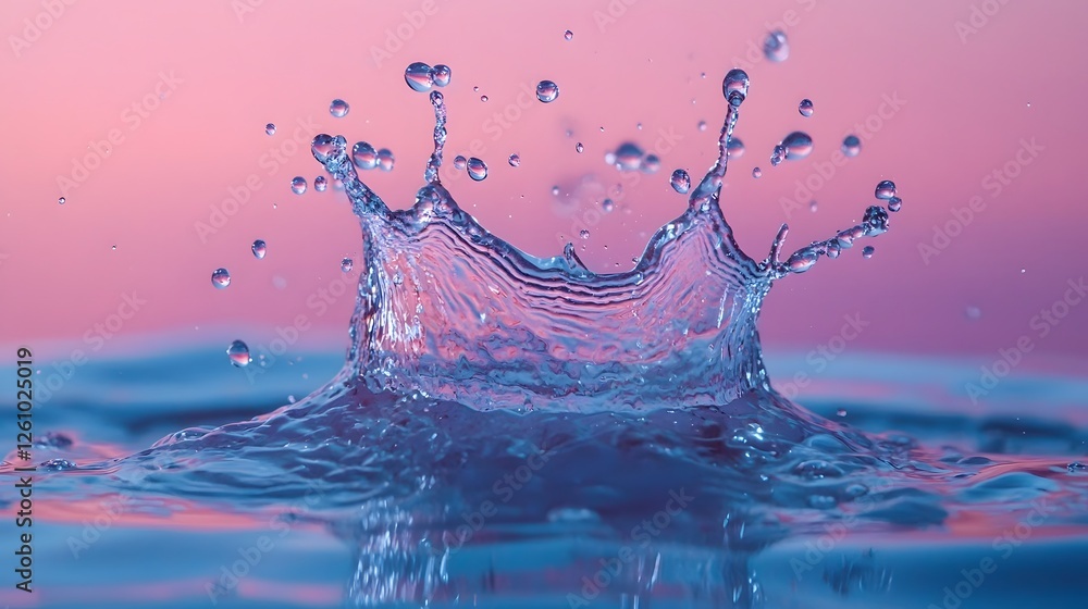Poster photograph capturing the dynamic movement and crown like shape of multicolored water droplets splashing against a vibrant pink and purple background creating a visually striking and abstract design