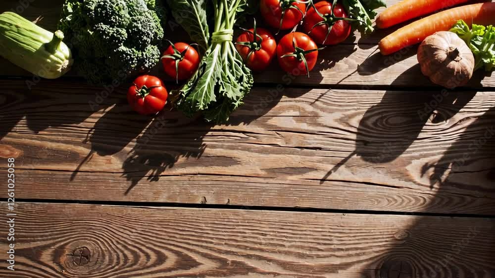 Poster sunlight casting soft shadows across vibrant, freshly harvested vegetables resting on weathered wood