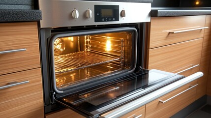 Brightly lit modern kitchen oven features two empty racks, highlighting its spacious interior and sleek stainless steel design.