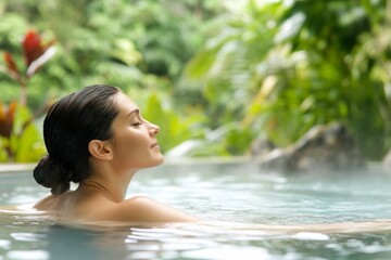 Fototapeta premium Relaxing geothermal hot spring pool releasing billowing steam into the fresh air, surrounded by lush tropical plants