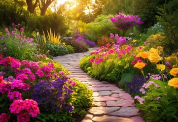 captivating garden pathways adorned colorful seasonal blooms creating vibrant outdoor escape nature, flowers, landscape, decorative, ornamental, scenery