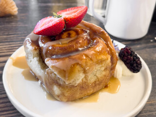 A view of a cinnamon roll.