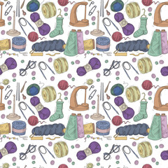 Knitting balls wool cotton bobbins with wool yarn needlework crochet knitting set hand drawn knitting set hand drawn in watercolor