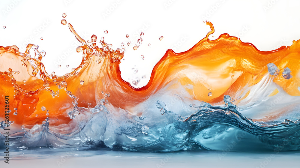 Poster Powerful and mesmerizing splash of liquid dynamics in a vibrant blend of orange and blue hues creating an abstract and digital representation of energy motion and chaos