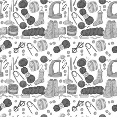 Knitting balls wool cotton bobbins with wool yarn needlework crochet knitting set hand drawn knitting set hand drawn in watercolor