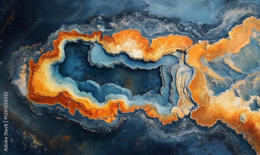 Poster abstract aerial view of vibrant mineral deposits creating intricate patterns with layered colors and