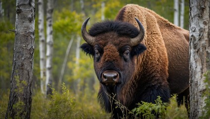 A bison peeking out from behind a tree in the wilderness