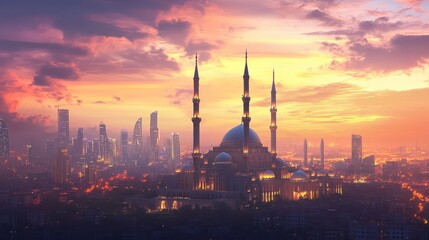 Fototapeta premium Modern Cityscape with Majestic Mosque, Sunset Sky and Illuminated Contemporary Buildings