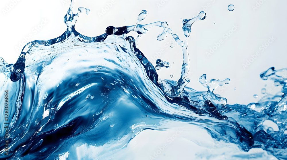 Poster Powerful splash of refreshing clear blue water droplets in motion creating dynamic abstract texture background  Splashing liquid splash with ripples waves and spray effects  Wet drenched