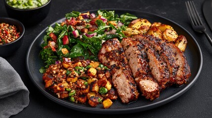 Sliced pork with roasted potatoes, kale salad, and quinoa.  Delicious healthy meal