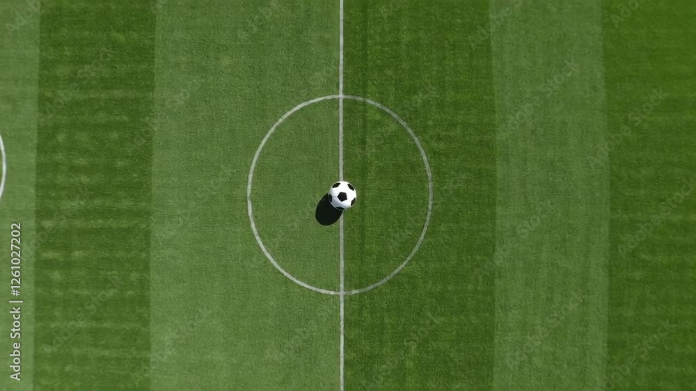 Poster soccer ball slowly rolling across the center of a soccer field, showcasing a slow motion sequence of