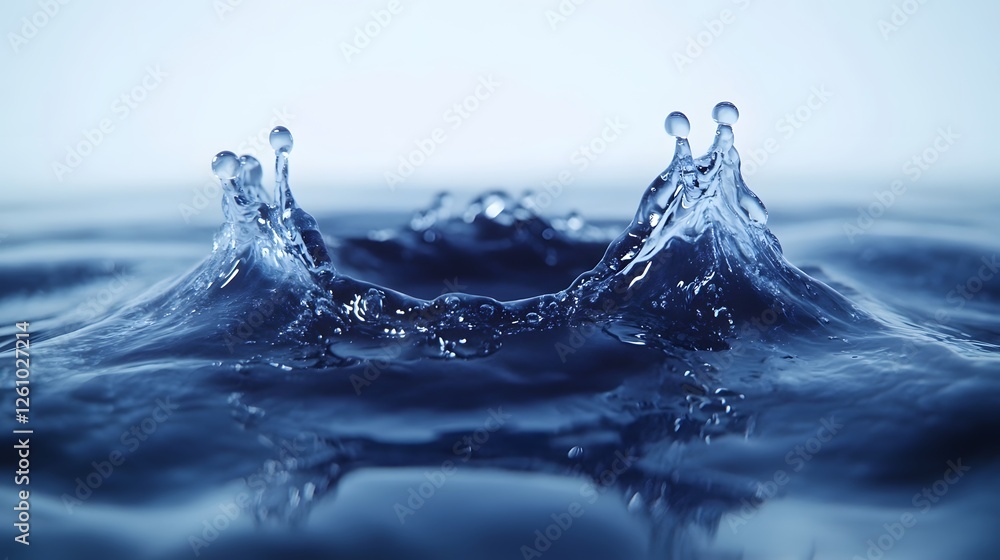 Poster powerful water splash creating dramatic motion and energy on a tranquil blue surface showcasing the 