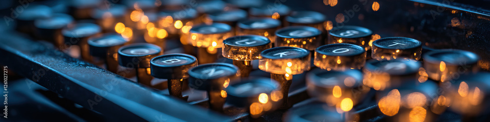 Poster close-up of vintage typewriter keyboard with illuminated keys