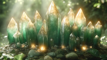 Luminous Green Crystals Glimmering In A Mystical Forest