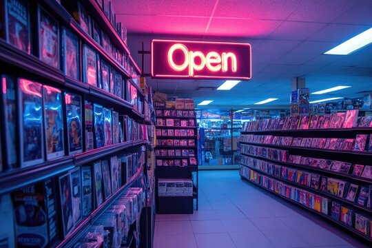 Video store displaying open sign with neon lights at night