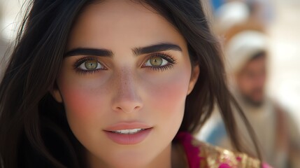 Beautiful Woman With Green Eyes And Long Brown Hair