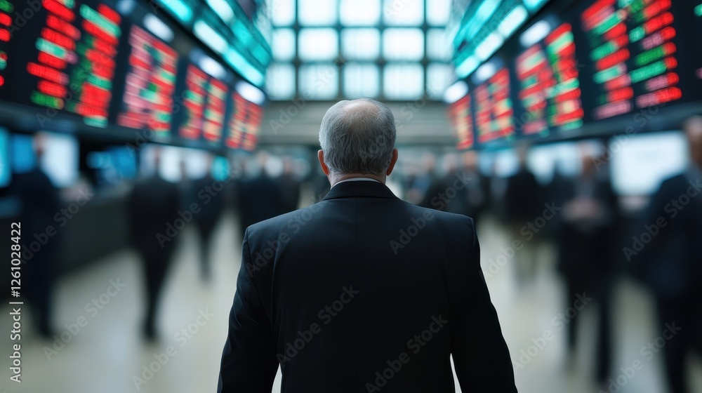 Poster busy stock exchange floor with large screens displaying market data and traders in motion navigating