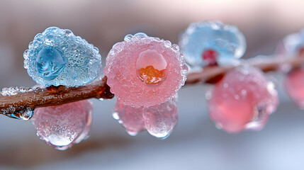 Frozen berries on branch, winter scene, macro shot, nature background, ideal for seasonal design