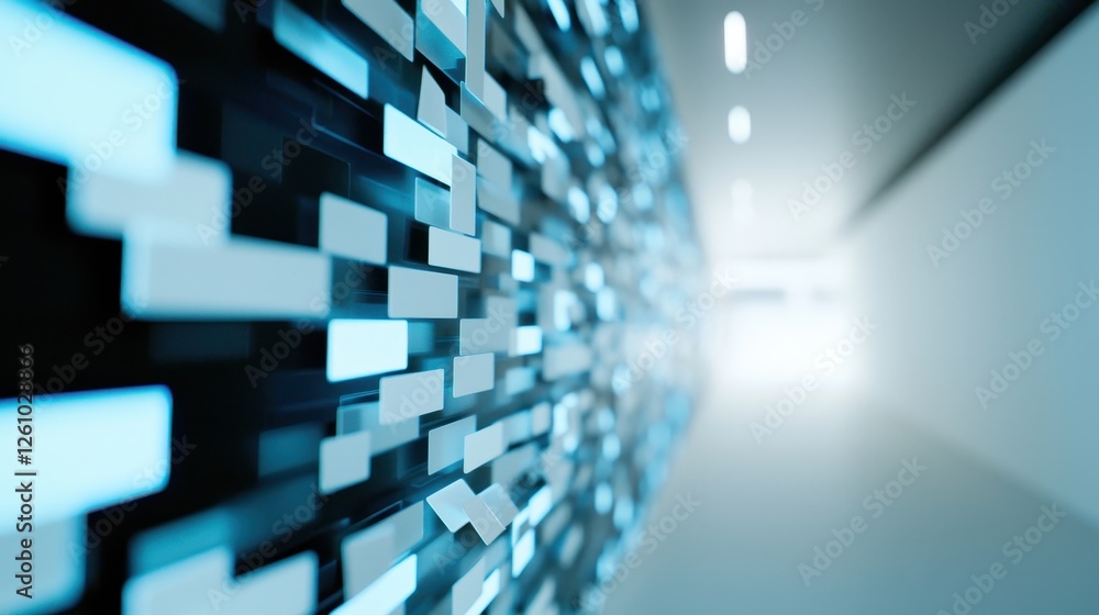 Poster high-tech office corridor featuring automated systems and advanced visual elements for modern work e