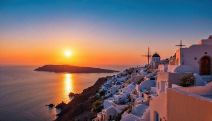 Santorini Sunset. A stunning landscape photography shot of the sun setting over Santorini’s whitewashed buildings, with the Aegean Sea aglow in color