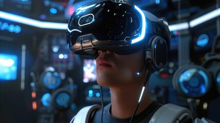 Fototapeta premium A futuristic landscape with a person wearing VR glasses, immersed in a digital world. Perfect for themes of technology, innovation, virtual reality, and future exploration.