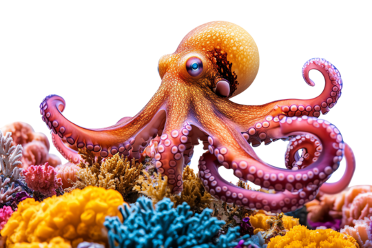 A vibrant octopus gracefully navigating through colorful coral reef formations, showcasing its beauty and natural habitat in a dynamic underwater scene.