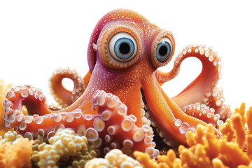 A vibrant orange octopus with bulging eyes on a coral reef, showcasing its unique features and colors.