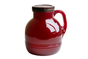 A vibrant red jug with a transparent body and a brown cap, perfect for serving beverages or as a decorative kitchen accessory.