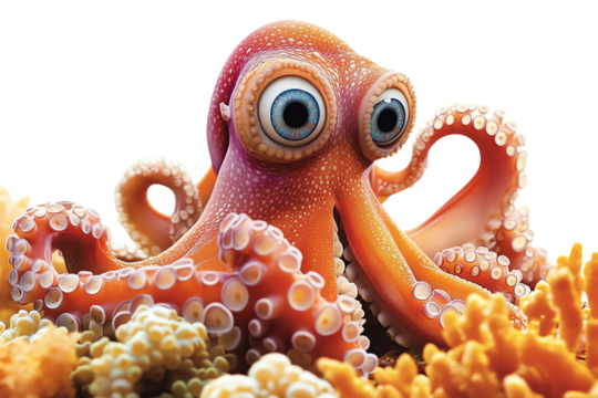 A vibrant orange octopus with bulging eyes on a coral reef, showcasing its unique features and colors.