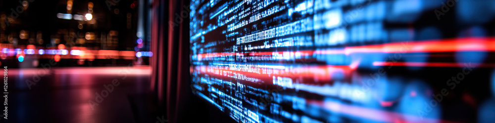 Poster screen displaying code with red activity streaks and blurred city background