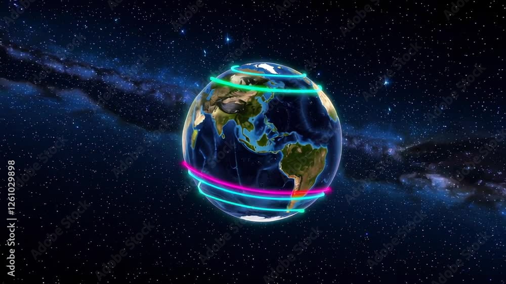 Poster Luminous energy lines wrapping around rotating planet, visualizing seismic dynamics and geological interconnectedness within cosmic environment