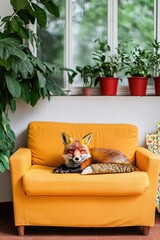 Cozy orange sofa adorned with playful fox pillow and vibrant gre