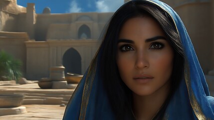A Woman In Blue Veiling Gazes Forward In An Ancient Setting