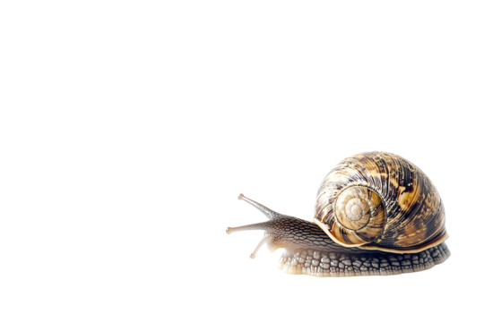 Close-up of a snail with a beautifully patterned shell on a white isolated background, showcasing nature's intricate designs and textures.