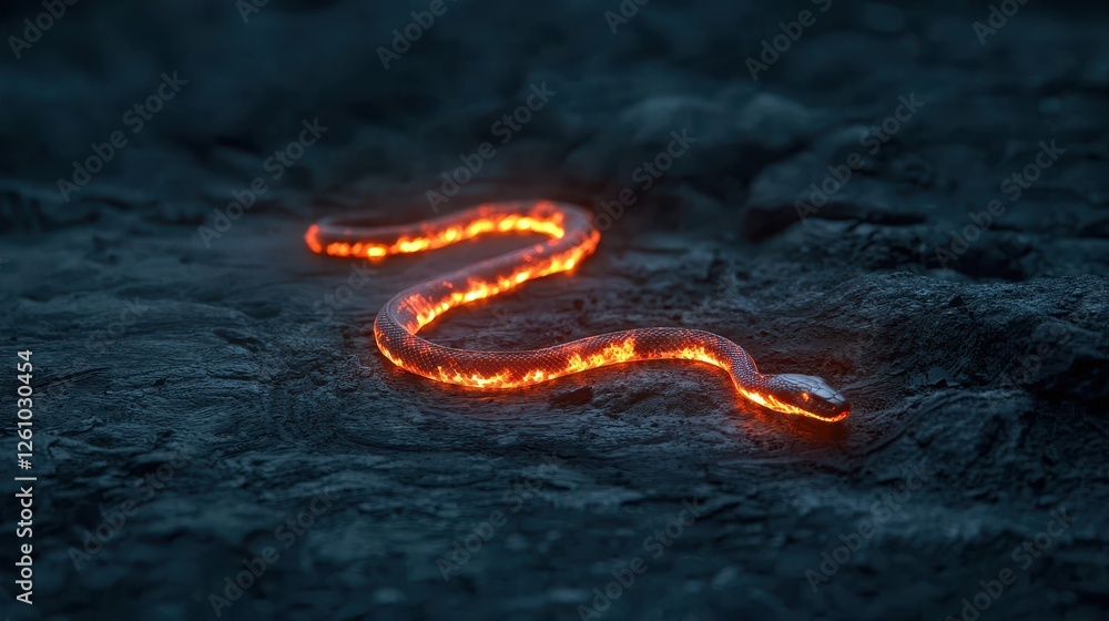 Poster glowing fire snake slithering through dark terrain with luminous texture and mysterious aura