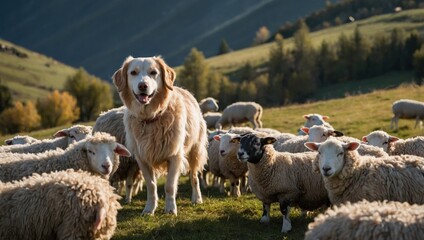 Obraz premium A dog guards sheep in a pasture