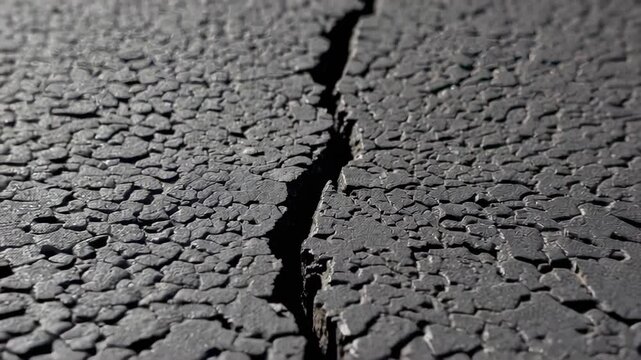 Slow motion footage shows a crack forming and widening in asphalt during an earthquake, highlighting the destructive power of seismic activity