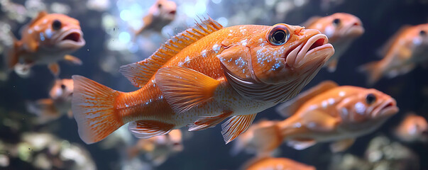 Fototapeta premium Vibrant orange fish with white spots swim in a school, showcasing intricate details and captivating underwater life. Ideal for aquarium, nature, or marine life themes.