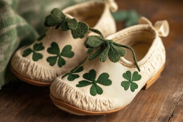 Symmetrical Close-Up of Irish Dance Shoes With Shamrock Designs on Wooden Floor
