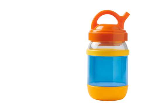 Colorful water bottle designed for kids, featuring a sturdy handle and a spill-proof spout, perfect for hydration on-the-go.