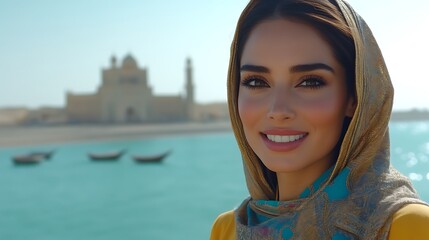 Woman Wearing Headscarf Smiles Near Mosque and Water