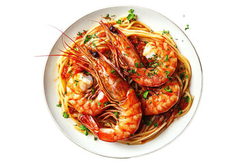 Delicious shrimp and pasta dish served in a white plate, garnished with herbs for a fresh touch.