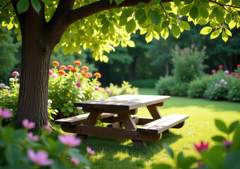 Naklejka premium wooden table sits tree garden surrounded flowers greenery